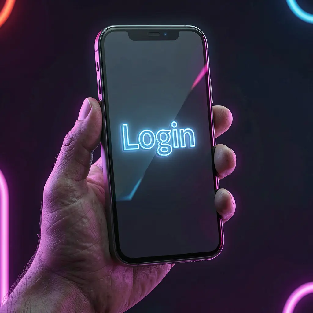 Close up of a hand holding a smartphone with a bright login interface showing secure access to the 87E platform for users in Brazil