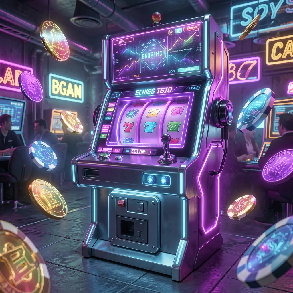 Futuristic slot machine with glowing reels and floating coins representing high energy online slot action at 87E for Brazilian players